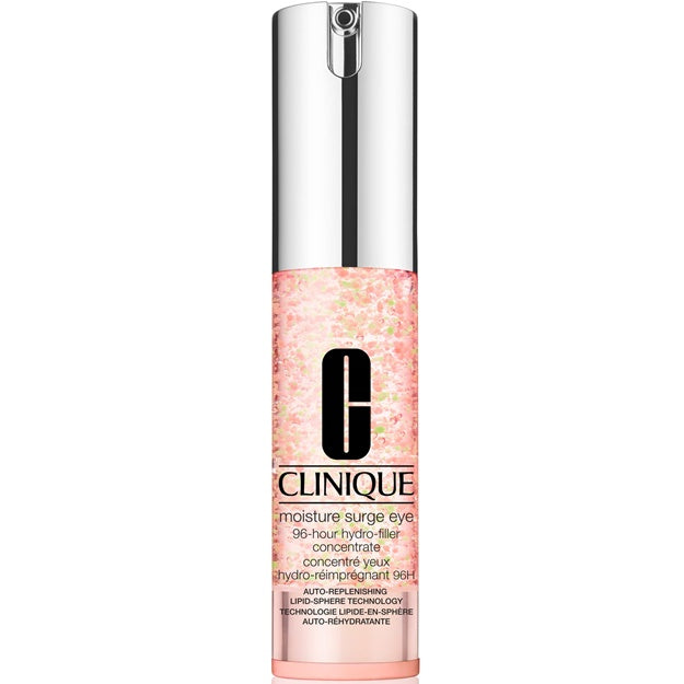 Clinique eye serum bottle with pink liquid on a white background