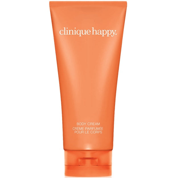 Clinique Happy body cream tube on a white background