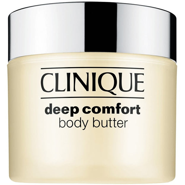 Clinique deep comfort body butter jar with silver lid on a white background