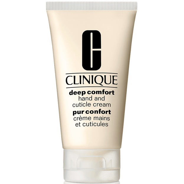 Clinique deep comfort hand and cuticle cream tube on a white background