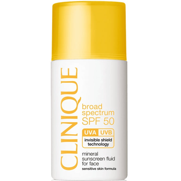 Clinique sunscreen bottle with yellow cap on a white background