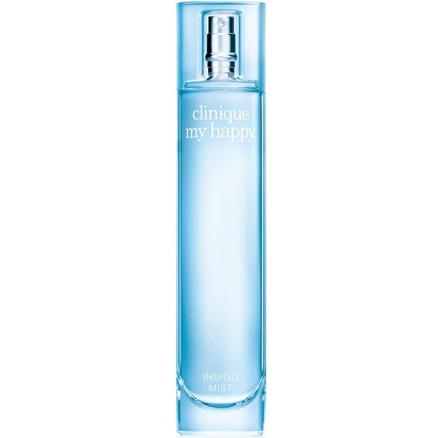 Clinique perfume bottle labeled 'My Happy' on a white background