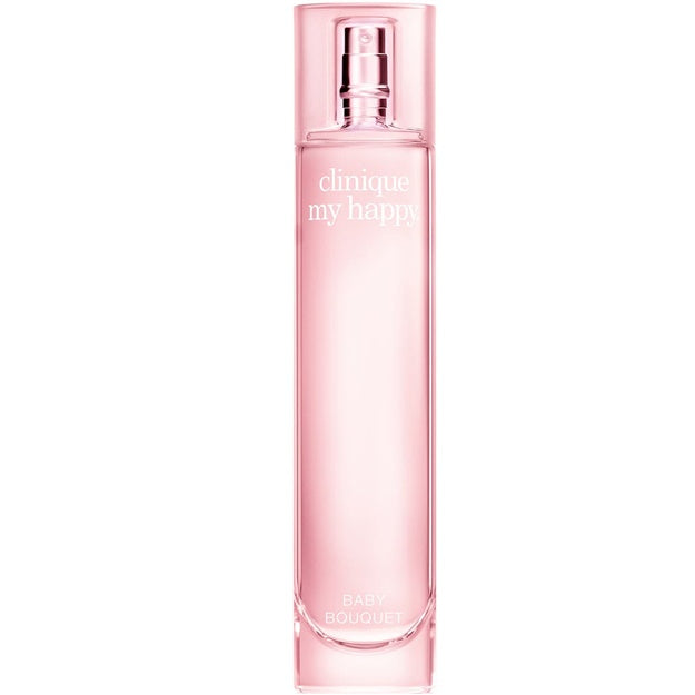 Pink Clinique perfume bottle on a white background