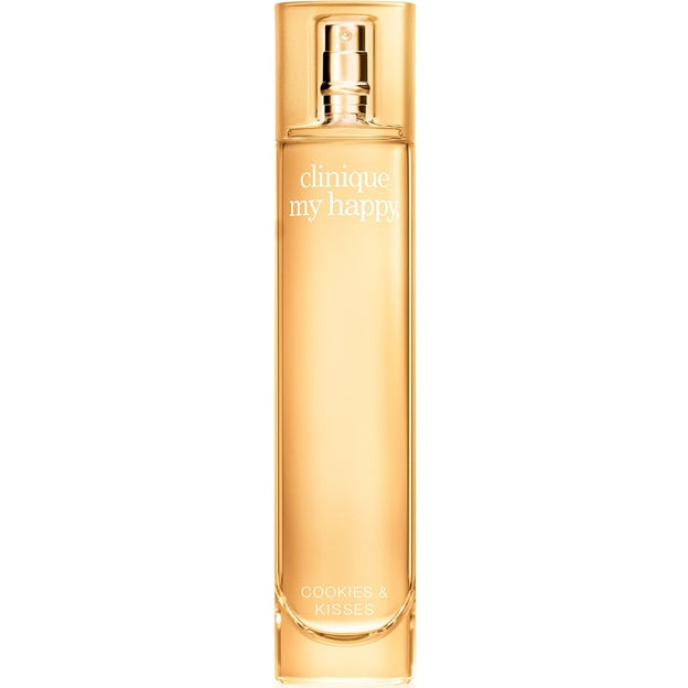 Clinique perfume bottle with gold cap on a white background