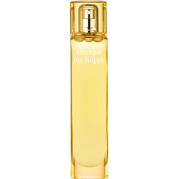 Clinique 'My Happy' perfume bottle with gold cap on a white background