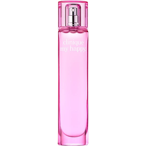 Pink perfume bottle labeled 'clinique my happy' on a white background