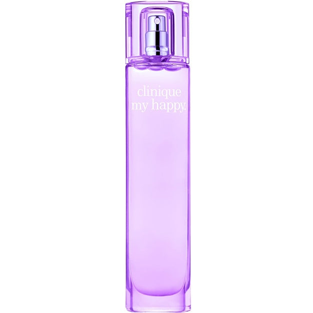 Purple Clinique perfume bottle on a white background