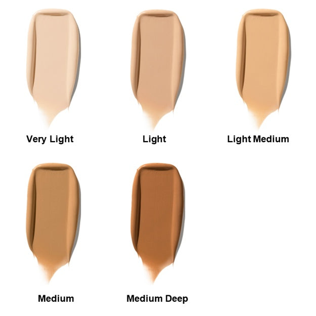 Foundation swatches labeled 'Very Light', 'Light', 'Light Medium', 'Medium', and 'Medium Deep' on a white background.