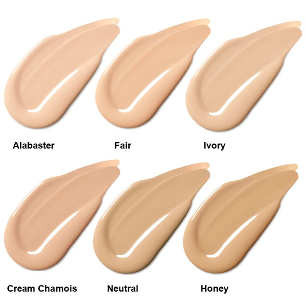Set of foundation swatches labeled Alabaster, Fair, Ivory, Cream Chamois, Neutral, and Honey on a white background.