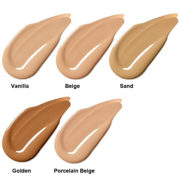 Five swatches of foundation in different shades labeled Vanilla, Beige, Sand, Golden, and Porcelain Beige on a white background.