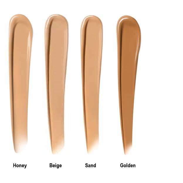 Four swatches of foundation in different shades labeled 'Honey', 'Beige', 'Sand', and 'Golden' on a white background.