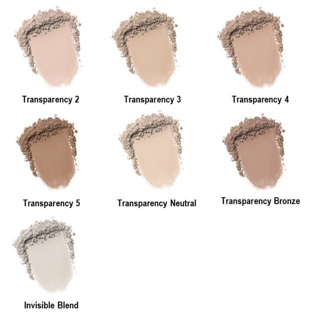 Set of makeup swatches labeled with different transparency levels on a white background.
