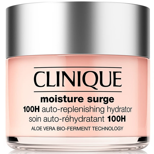 Clinique moisture surge hydrator jar with pink body and silver lid on a white background
