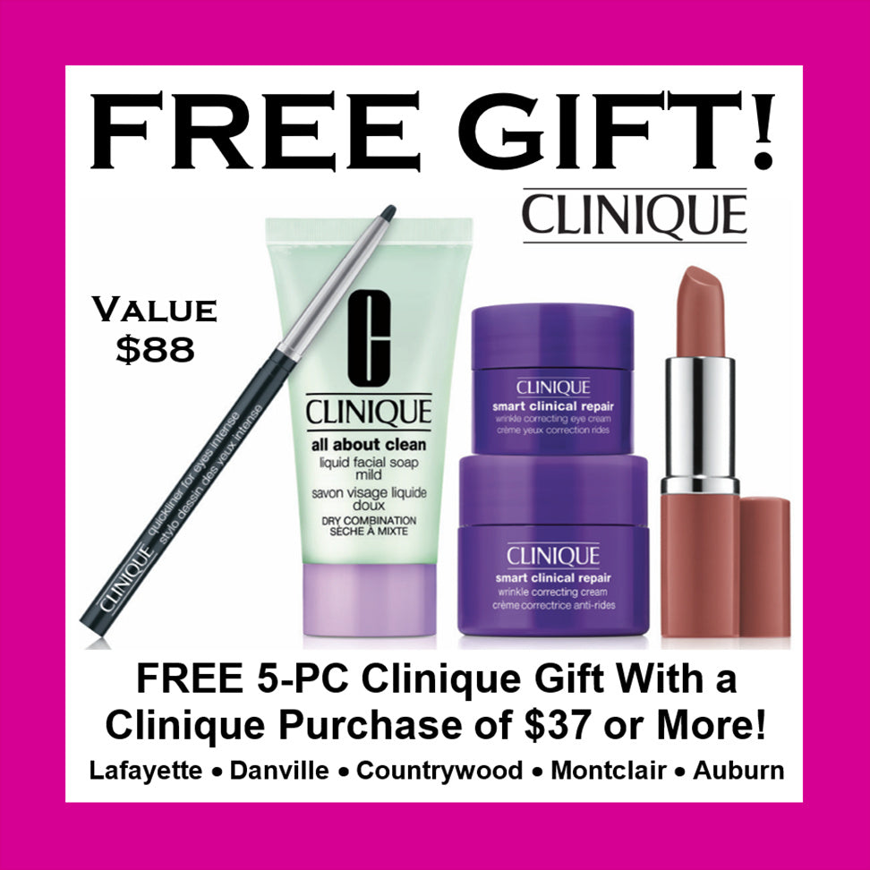 Clinique product set with free gift offer on a pink background