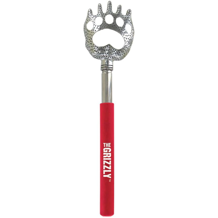 Telescopic back scratcher with bear paw design and red handle on a white background