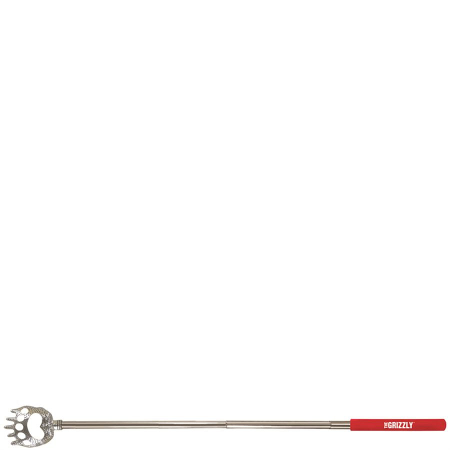 Back scratcher with a red handle labeled 'Grizzly' on a white background