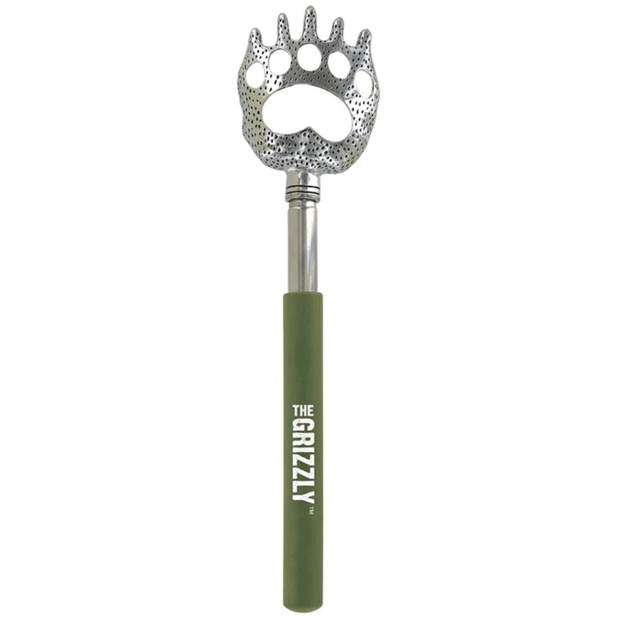 Green back scratcher with bear paw design on a white background