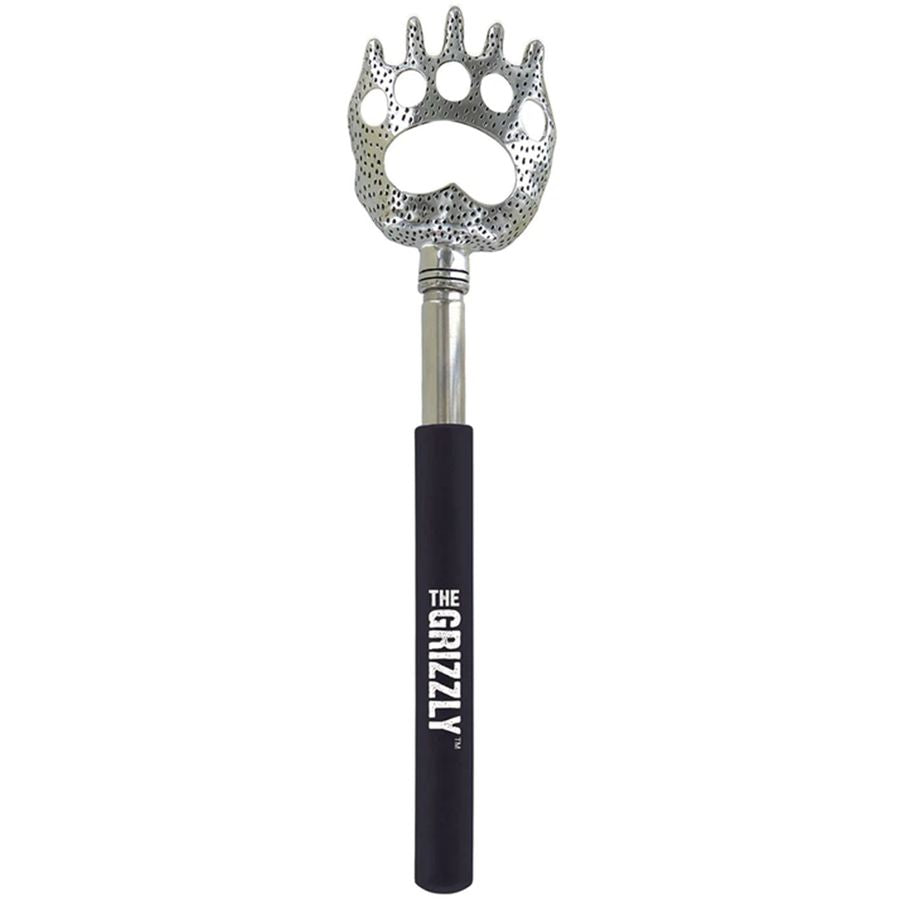 Telescopic backscratcher with bear paw design and 'The Grizzly' branding on a white background