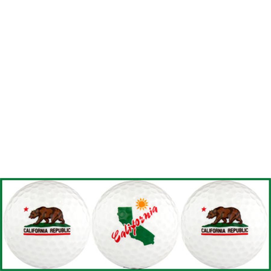 Three golf balls with California Republic design on a white background