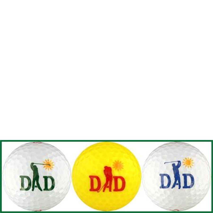 Three golf balls with 'DAD' and golfer graphics on a white background
