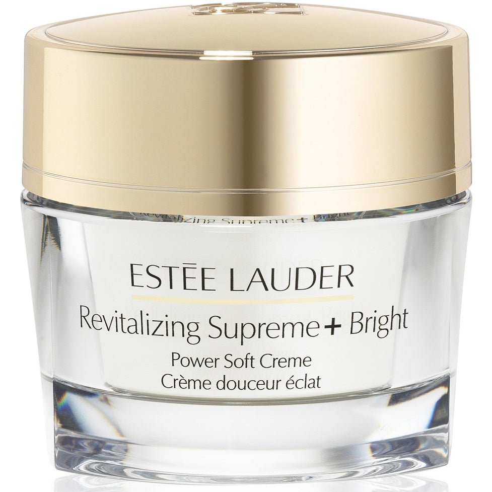Estée Lauder Revitalizing Supreme + Bright Power Soft Creme jar with gold lid on a white background
