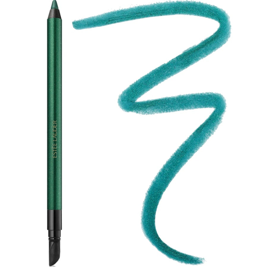 Green eyeliner pencil with a swatch of green color on a white background