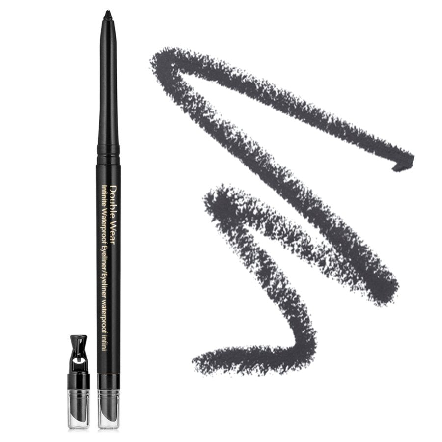 Black eyeliner pen with sample of liner on a white background