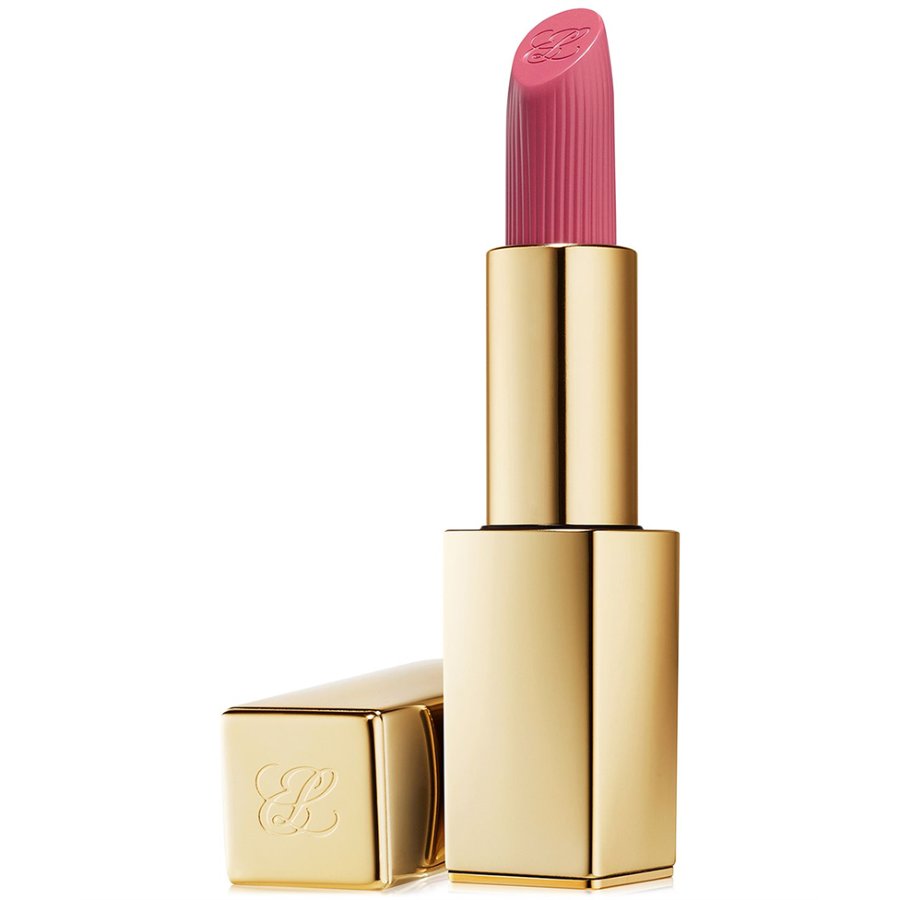 Pink lipstick with gold casing on a white background