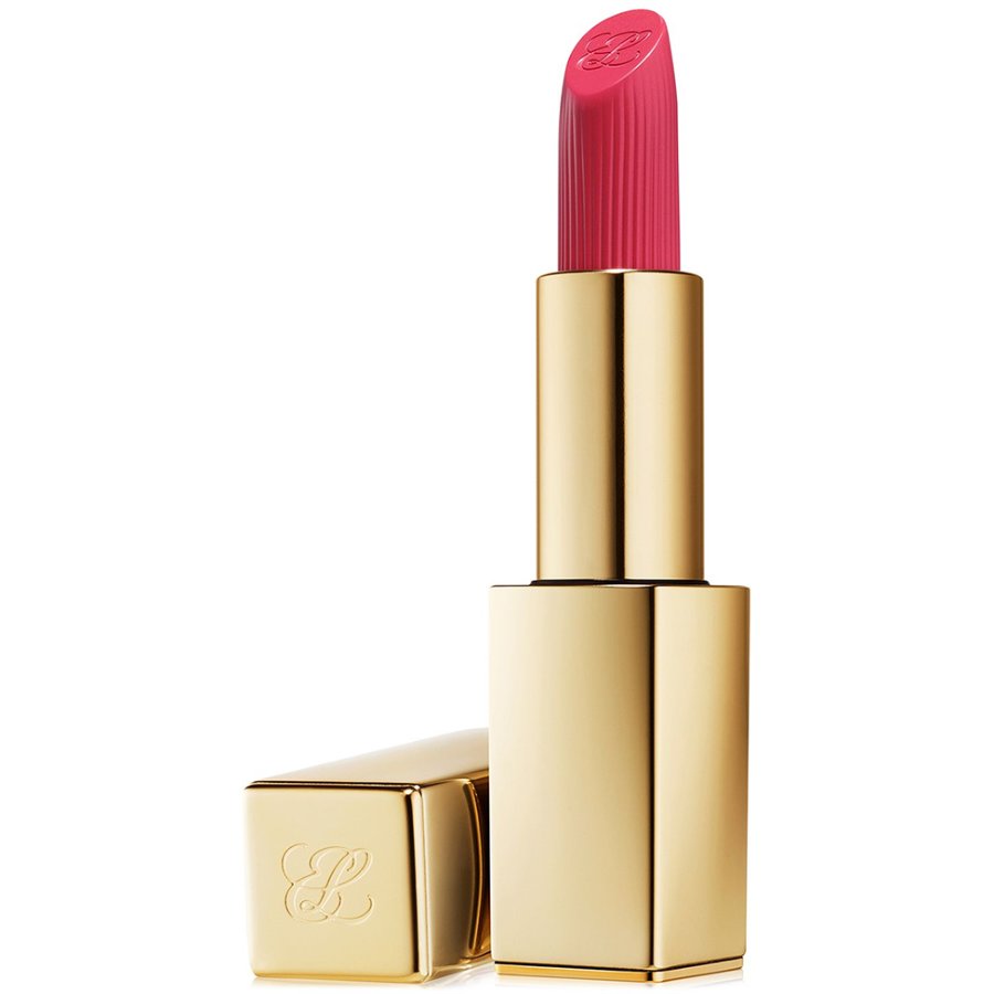 Pink lipstick with gold casing on a white background