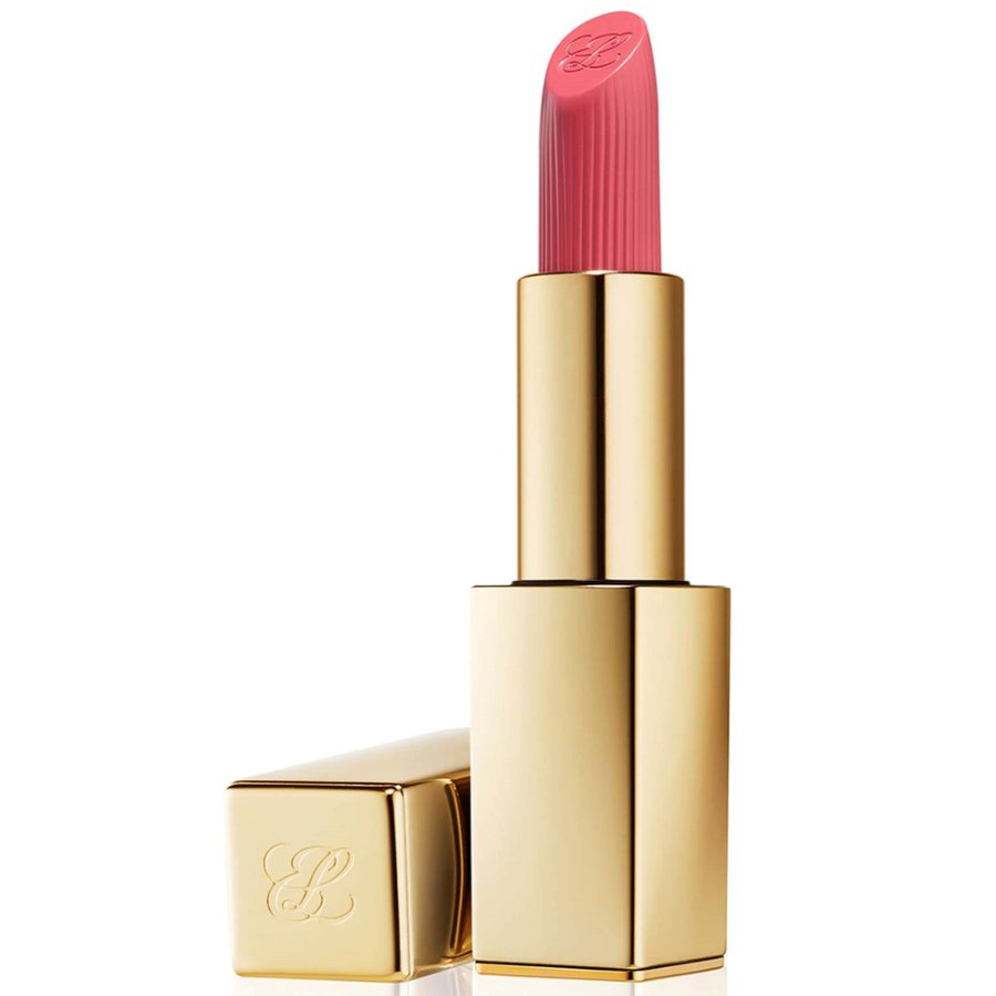 Pink lipstick with gold casing on a white background
