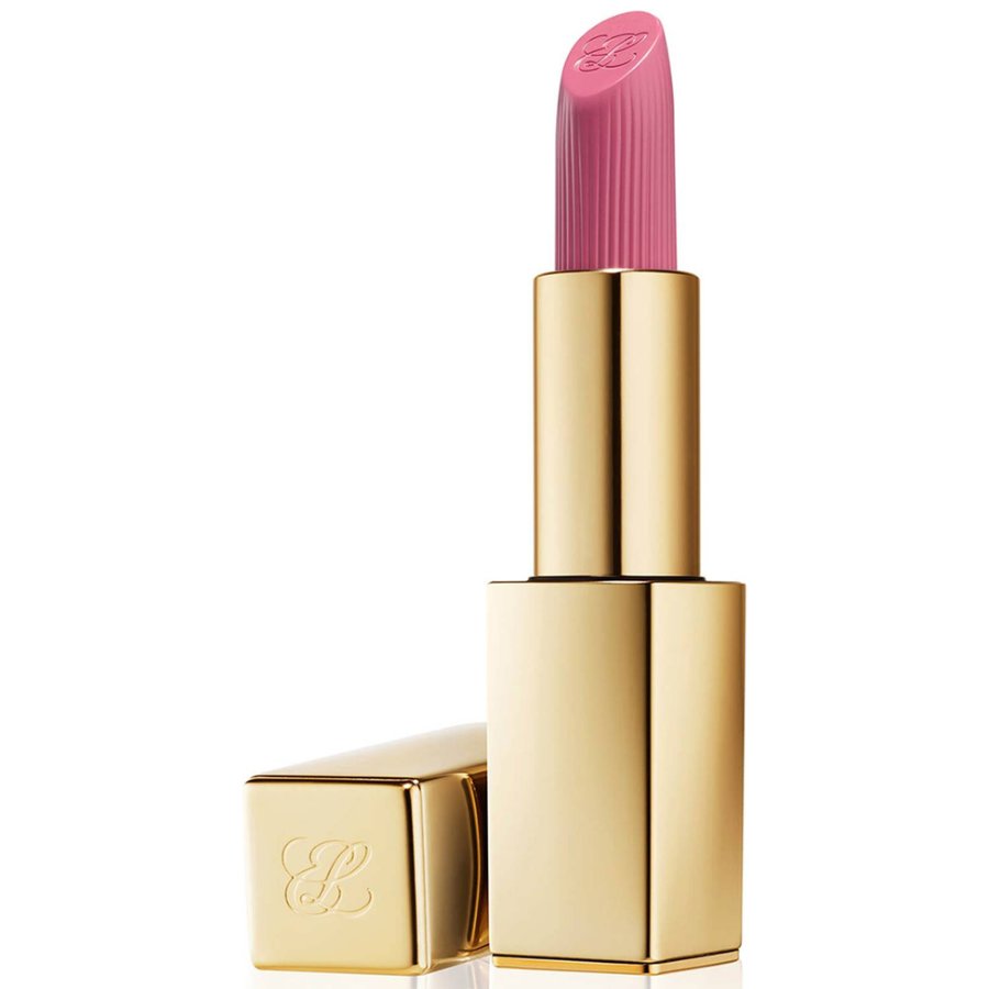 Pink lipstick in a gold case on a white background