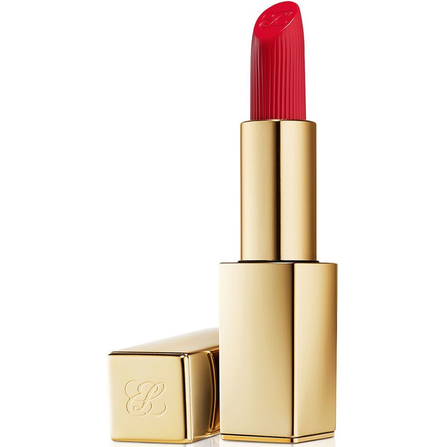 Red lipstick with gold casing on a white background