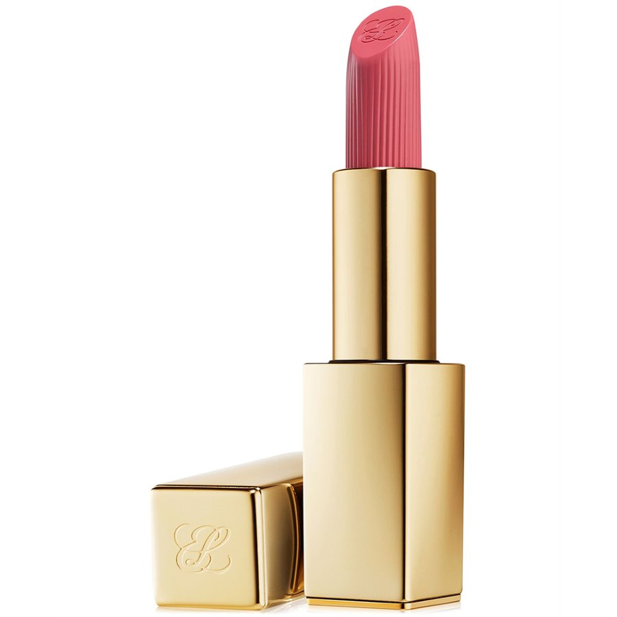 Pink lipstick with gold casing on a white background