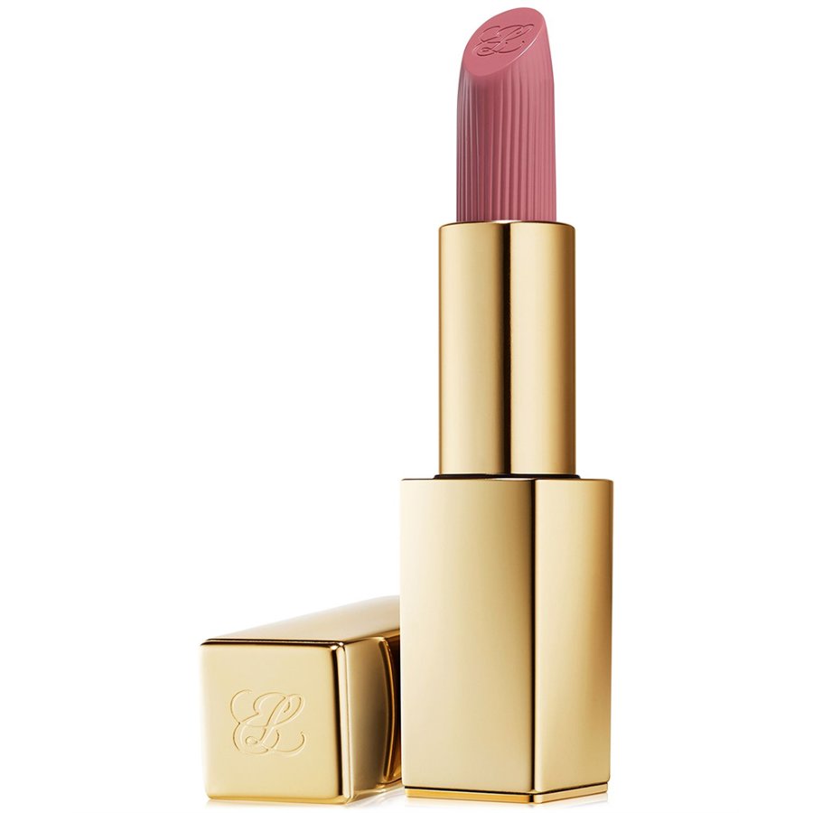 Pink lipstick with gold casing on a white background