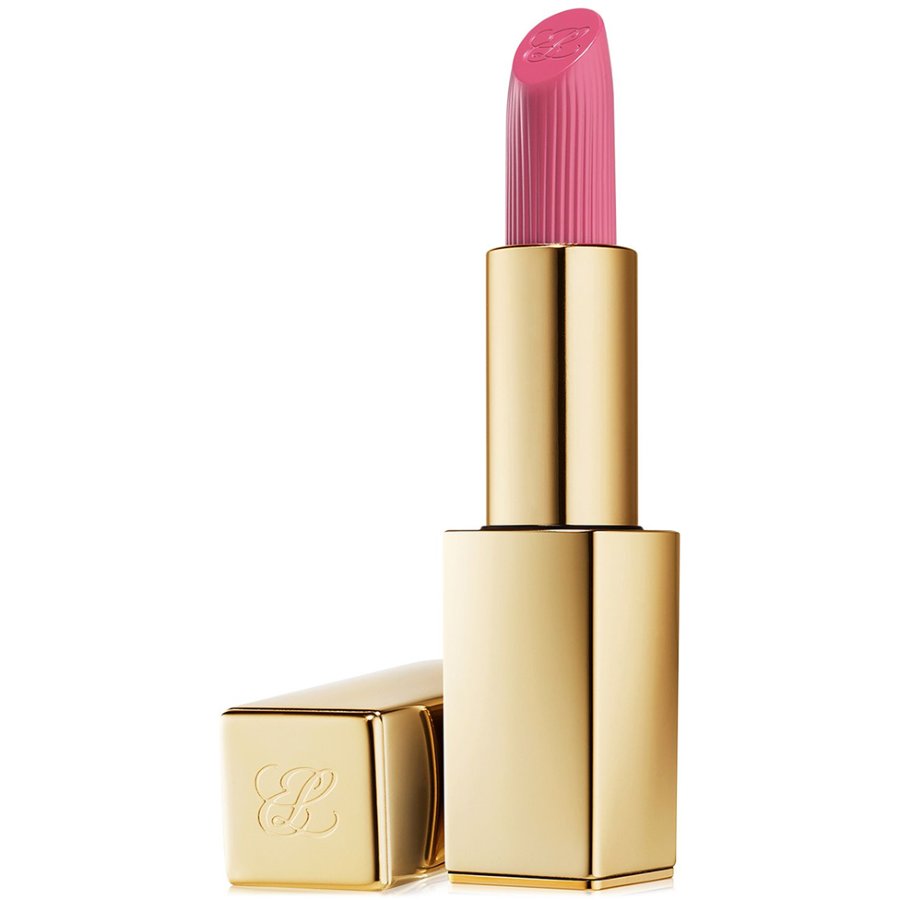 Pink lipstick with gold casing on a white background