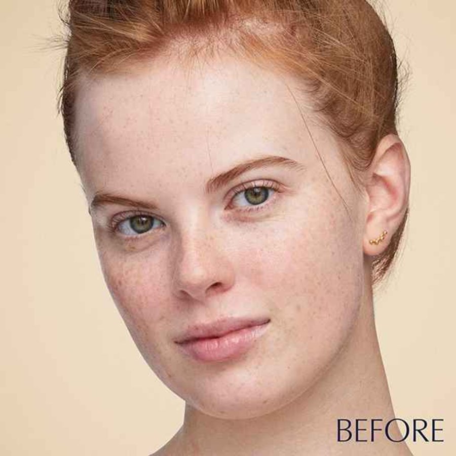 A woman's face showing before and after use of makeup.