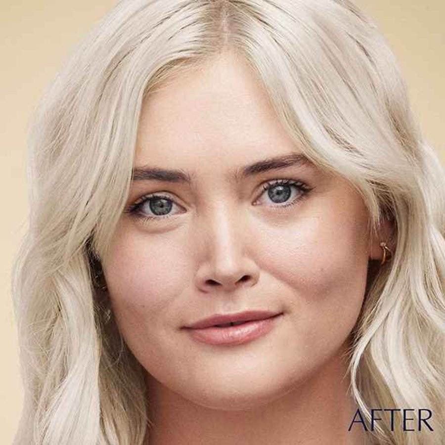 A woman's face showing before and after use of makeup.