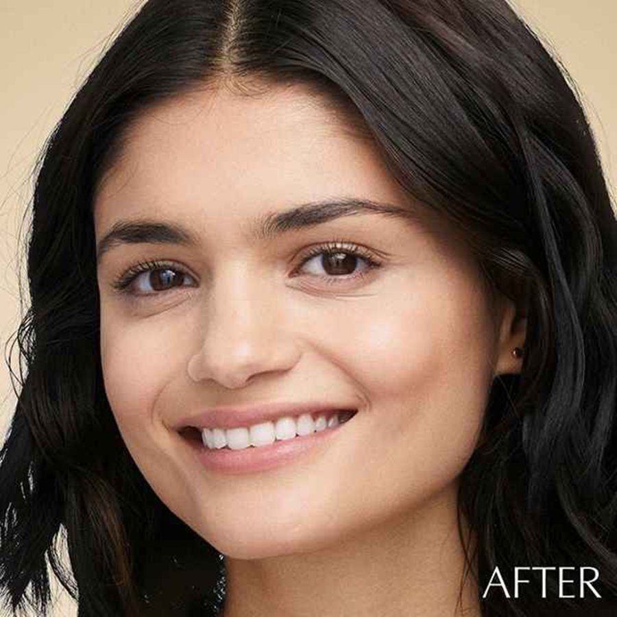 A woman's face showing before and after use of makeup.