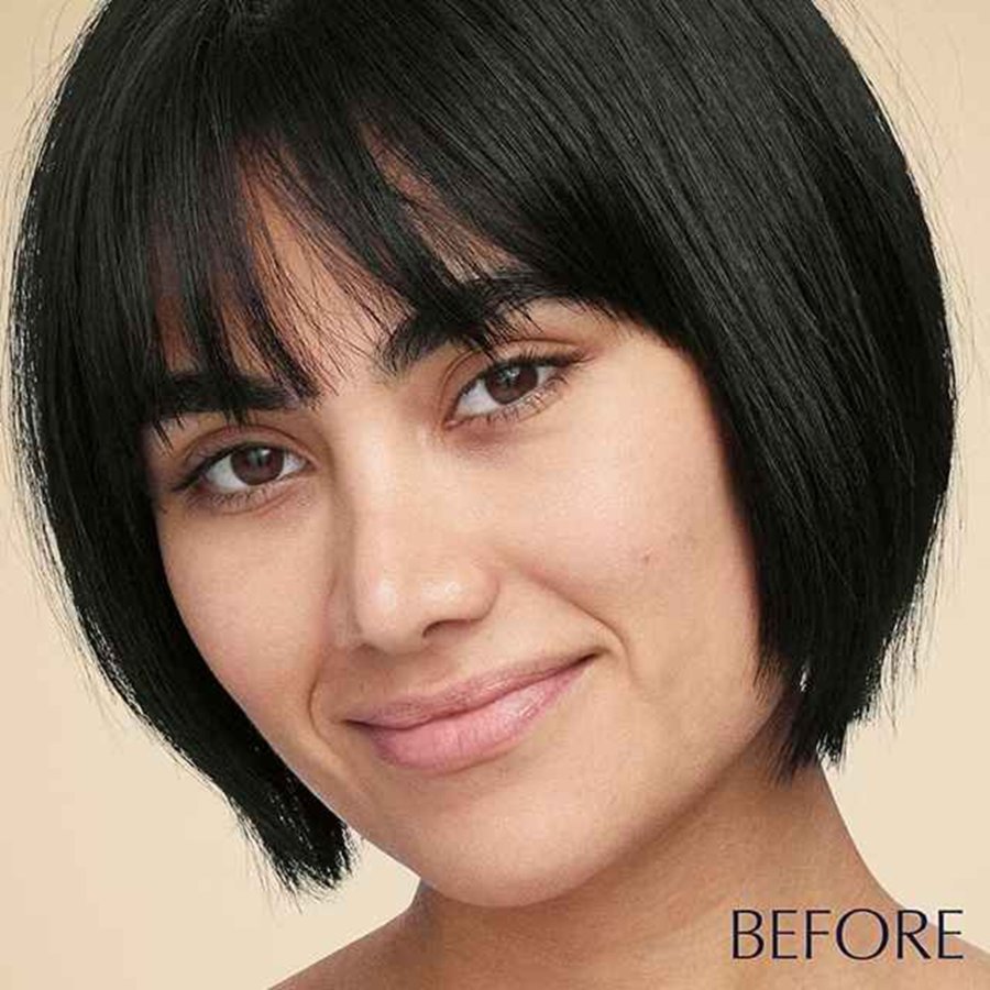 A woman's face showing before and after use of makeup.