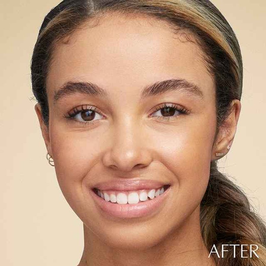 A woman's face showing before and after use of makeup.
