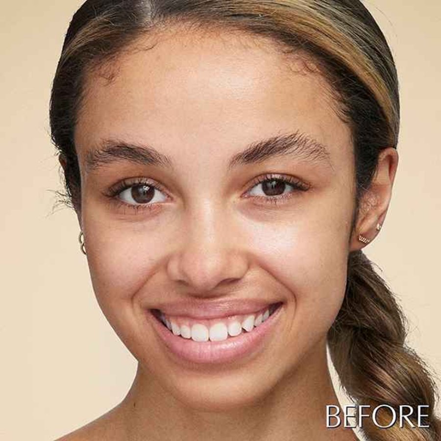 A woman's face showing before and after use of makeup.