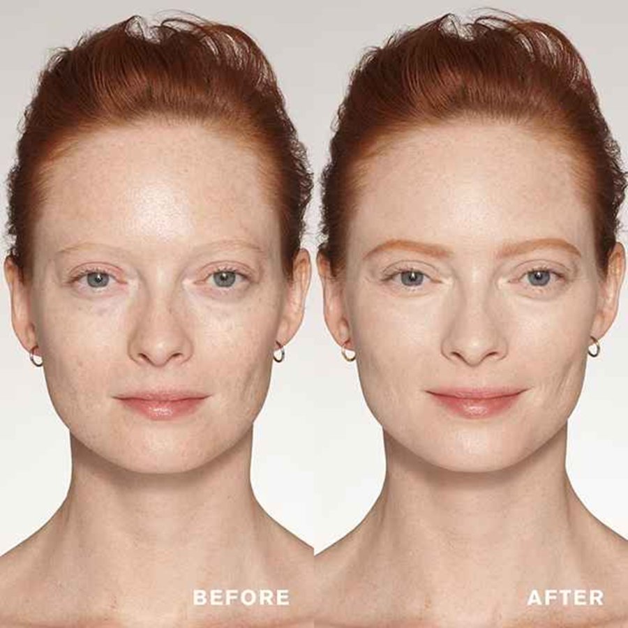 Before and after comparison of a woman's face with visible skin texture differences.