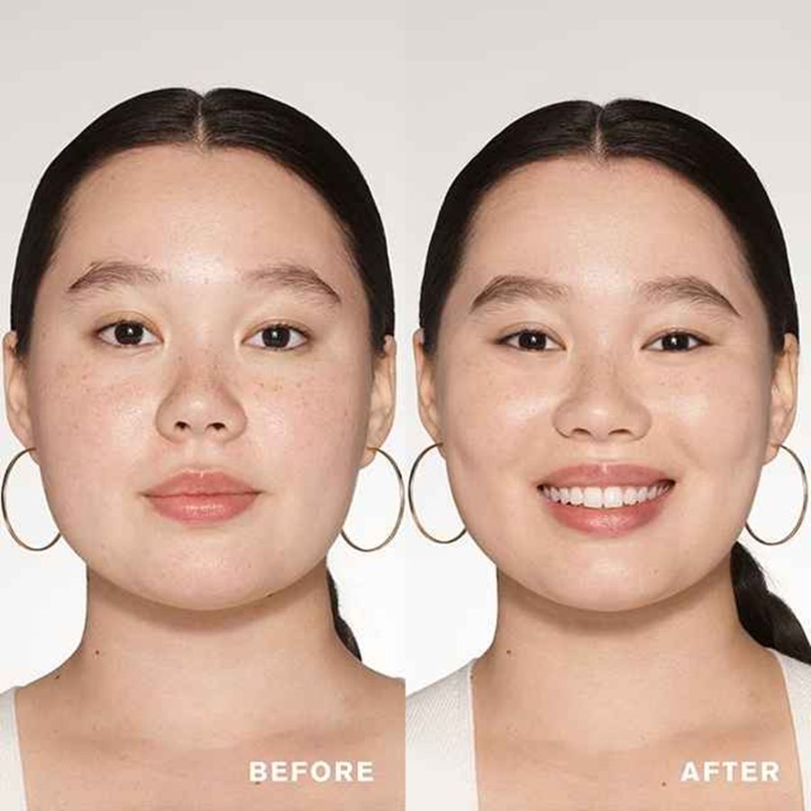 Before and after comparison of a woman's face with visible makeup changes.