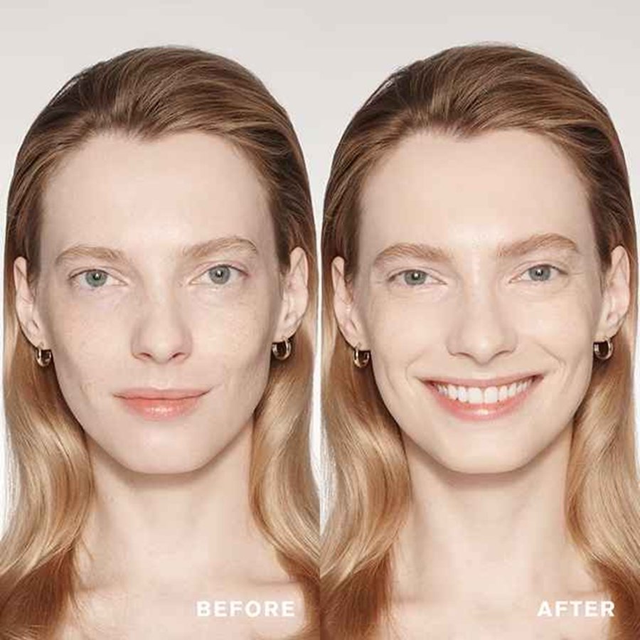 Before and after comparison of a woman with blonde hair on a plain background