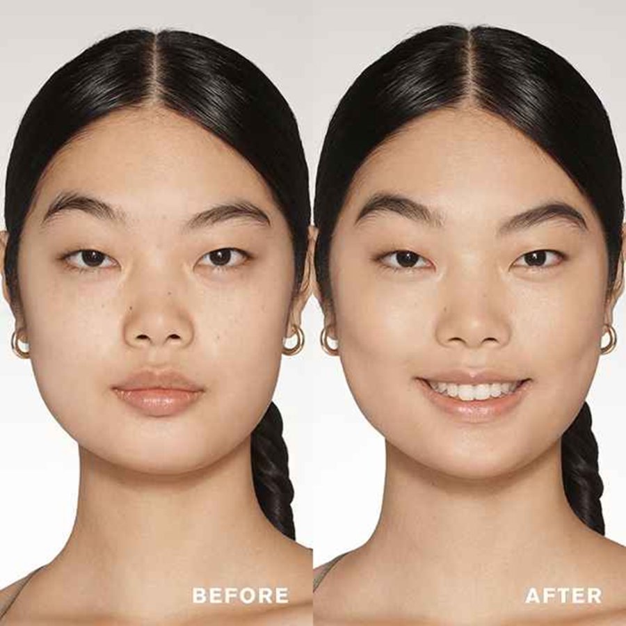 Before and after comparison of a person with braided hair on a plain background