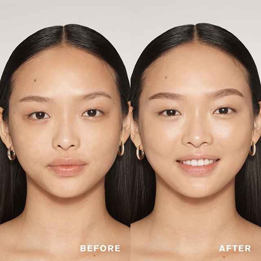Before and after comparison of a woman's face with visible makeup changes.