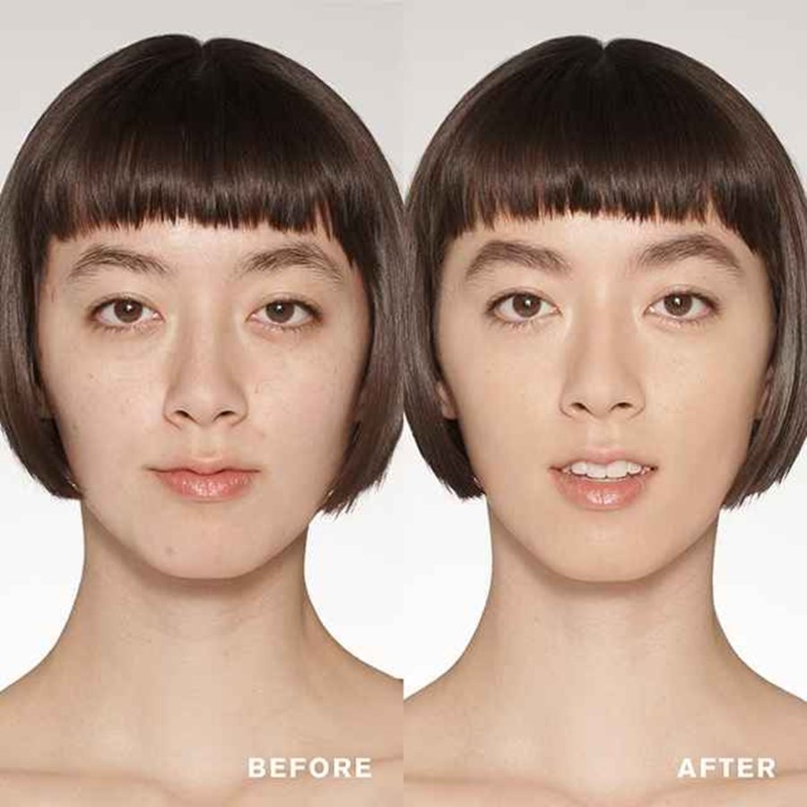 Before and after comparison of a person with short hair on a plain background