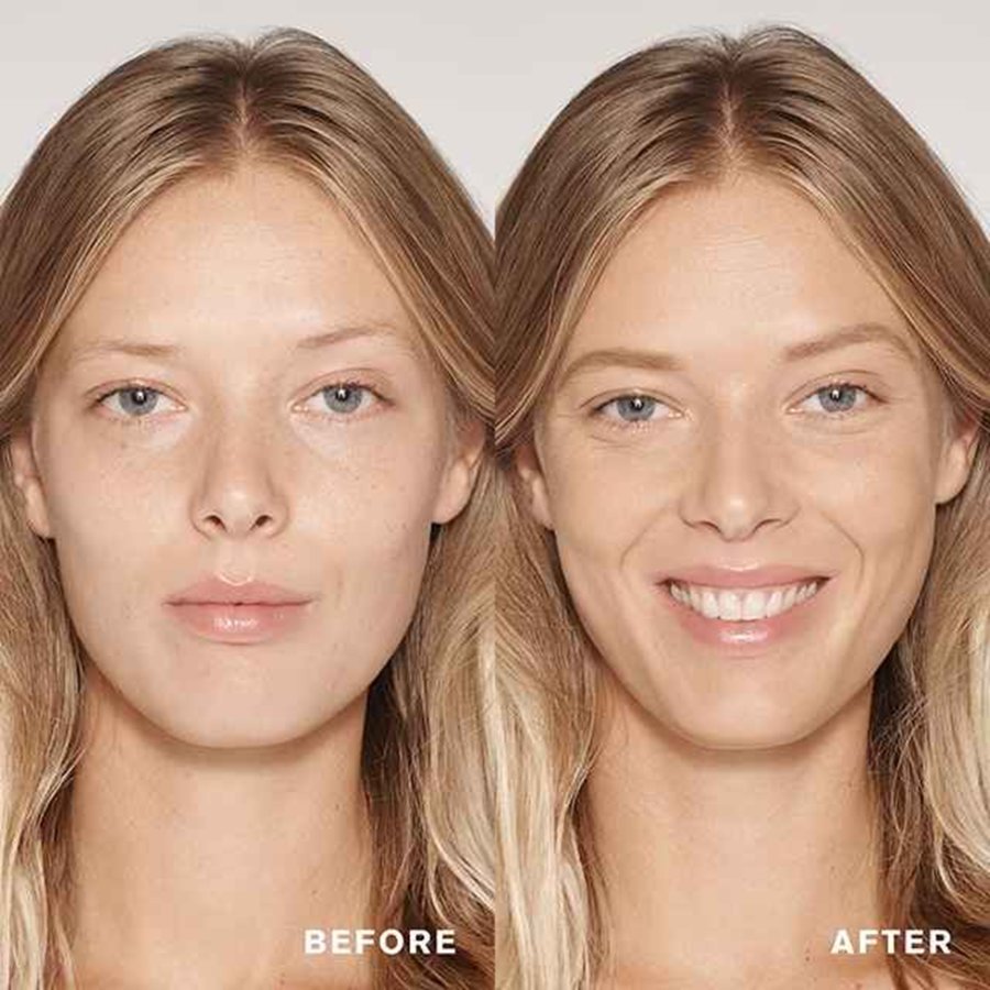 Before and after comparison of a woman with blonde hair and blue eyes.