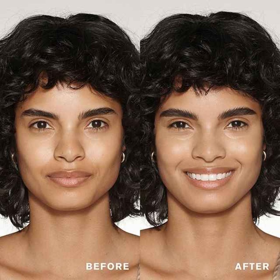 Before and after comparison of a woman with curly hair on a plain background