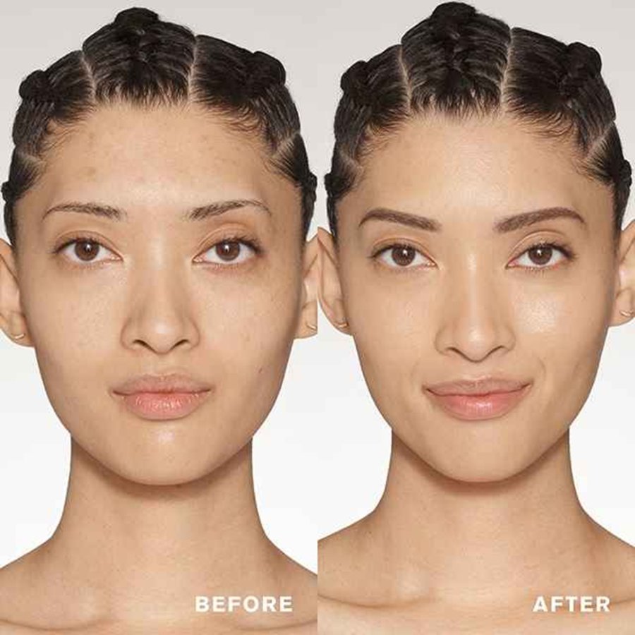 Before and after comparison of a woman's face with visible makeup changes.